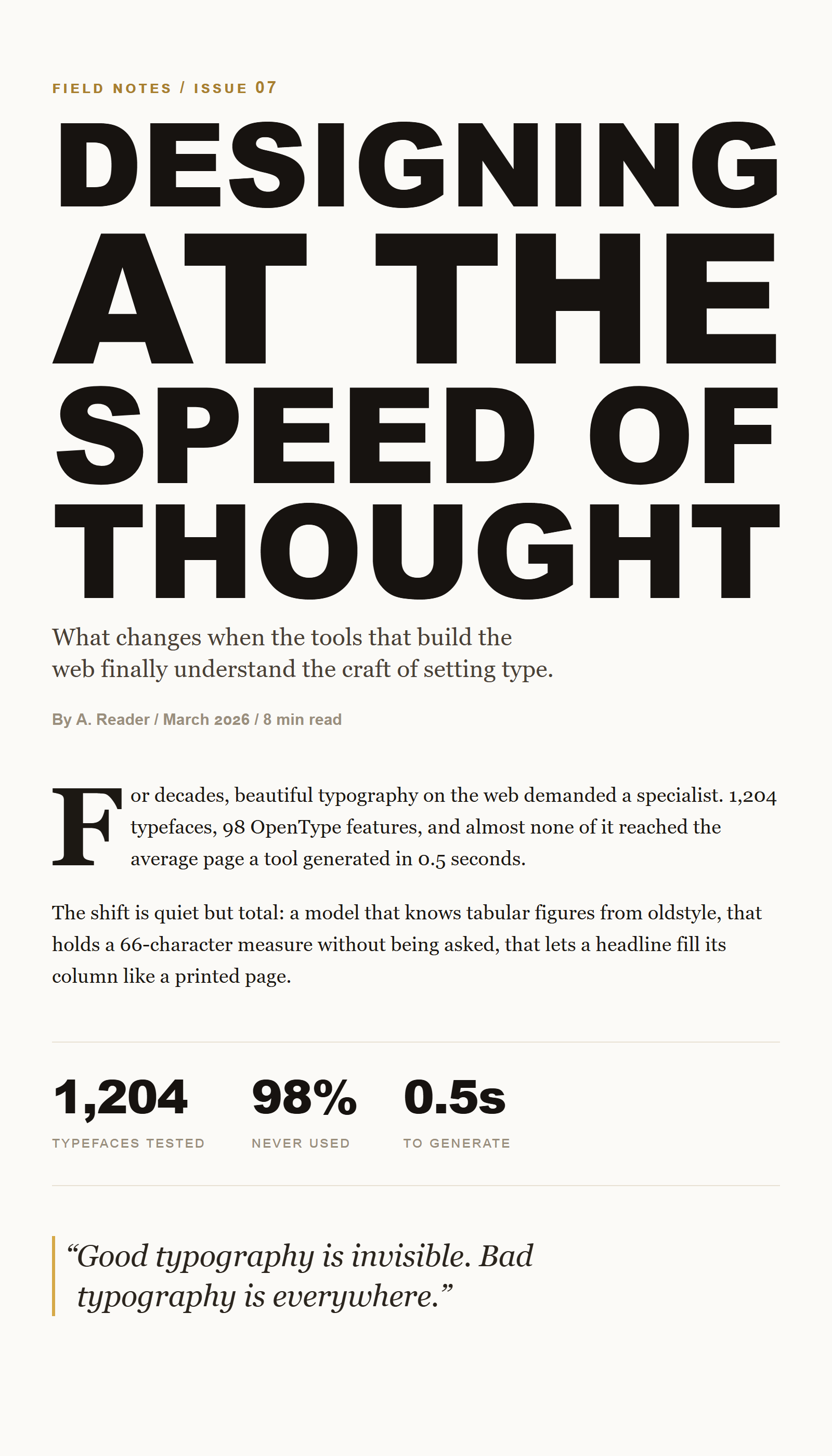 The same layout with a justified slab headline and OpenType typography